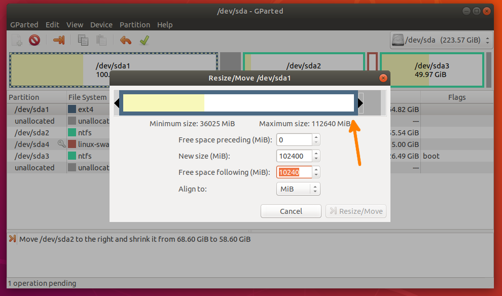 Resize the target partition