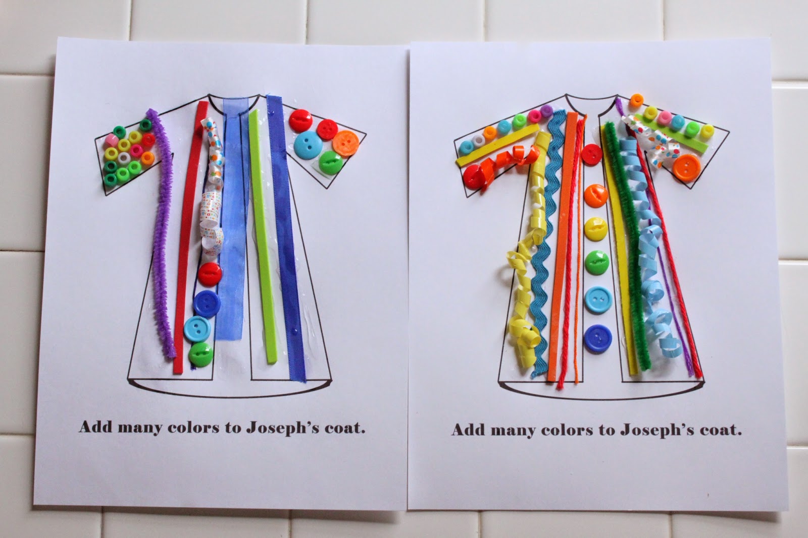 I printed a Joseph s Coat Coloring Page on cardstock and gave Bo some colorful items with a variety of texture and we each made one