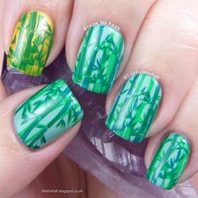 Double-stamped green bamboo forest nail art.