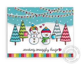 Sunny Studio Stamps: Feeling Frosty Sending Snuggly Hugs Snowman with rainbow Christmas trees Holiday Card (using Very Merry Paper & Woodland Border Dies)