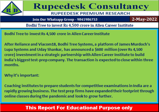 Bodhi Tree to invest Rs 4,500 crore in Allen Career Institute - Rupeedesk Reports - 02.05.2022