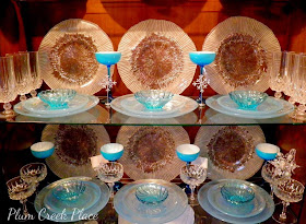 Plumcreek Place - Aqua glass and crystal in the china cabinet