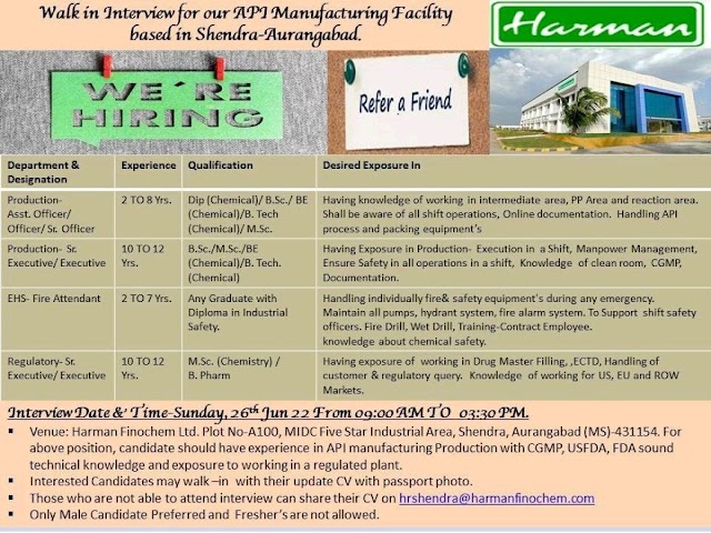 Harman Finochem | Walk-in interview for Production/RA/EHS at Aurangabad on 26th June 2022