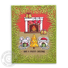 Sunny Studio: Merry Mice Christmas Mouse with Cheese Tree & Fireplace with Stockings Holiday Card (using Christmas Garland Frame die & Santa Claus Lane Stamps)