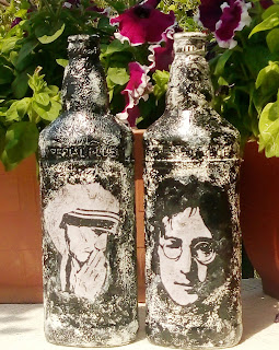 Mother Teresa and John Lenon - recycled bottles by Anu Kriti. The images are decoupaged and added texture with gesso. 