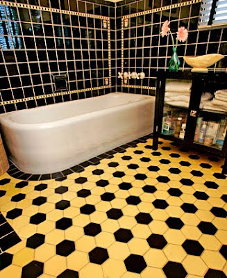 Period Master Bathroom Original Yellow
and Black Tiles