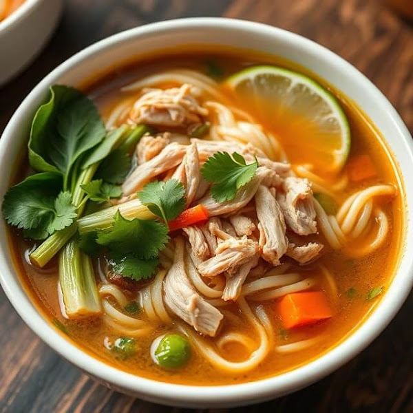 Asian Chicken Noodle Soup - Fresh and Flavorful Steaming bowl of Asian chicken noodle soup with tender chicken, vegetables, and soft noodles in rich broth.