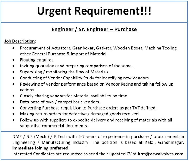 Urgent Requirement for Engineer / Sr. Engineer - Purchase @ Oswal Valves Industries AndhraShakthi - Pharmacy Jobs