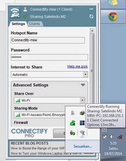 Akses internet PC yang berasal dari modem bisakah di bagi/share ke android.  Dan inilah solusinya. Dengan Aplikasi connectify, semua itu ternyata bisa terjadi.  Pada prinsipnya, aplikasi connectify ini menciptakan sumber wifi baru (Hotspot). sehingga bukan hanya android saja yang bisa kita hubungkan. Tapi PC lain juga bisa dihubungkan, dan berinternet dengan bebas