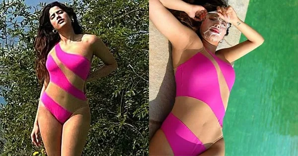 Janhvi Kapoor pink swimsuit curvy body hot photos