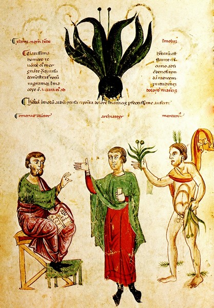 Erba Moli con Omero, L'ἀρχιατρός -Il capo-medico e Mercurio - miniatura del Codex Medicina Antiqua - Copia del 1250 di un originale del VI secolo