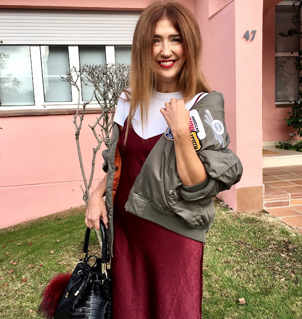 JustFab, Burgundy, Vestido Lencero, Bolso Saco, Bomber, Street Style, Cool, Shopping, Carmen Hummer