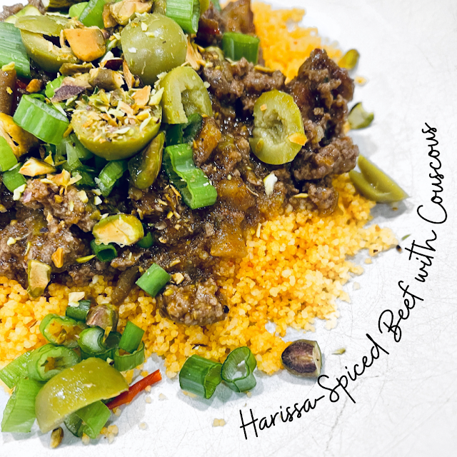 harissa-spiced beef over couscous in a bowl