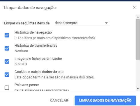 limpar histórico e cache do navegador