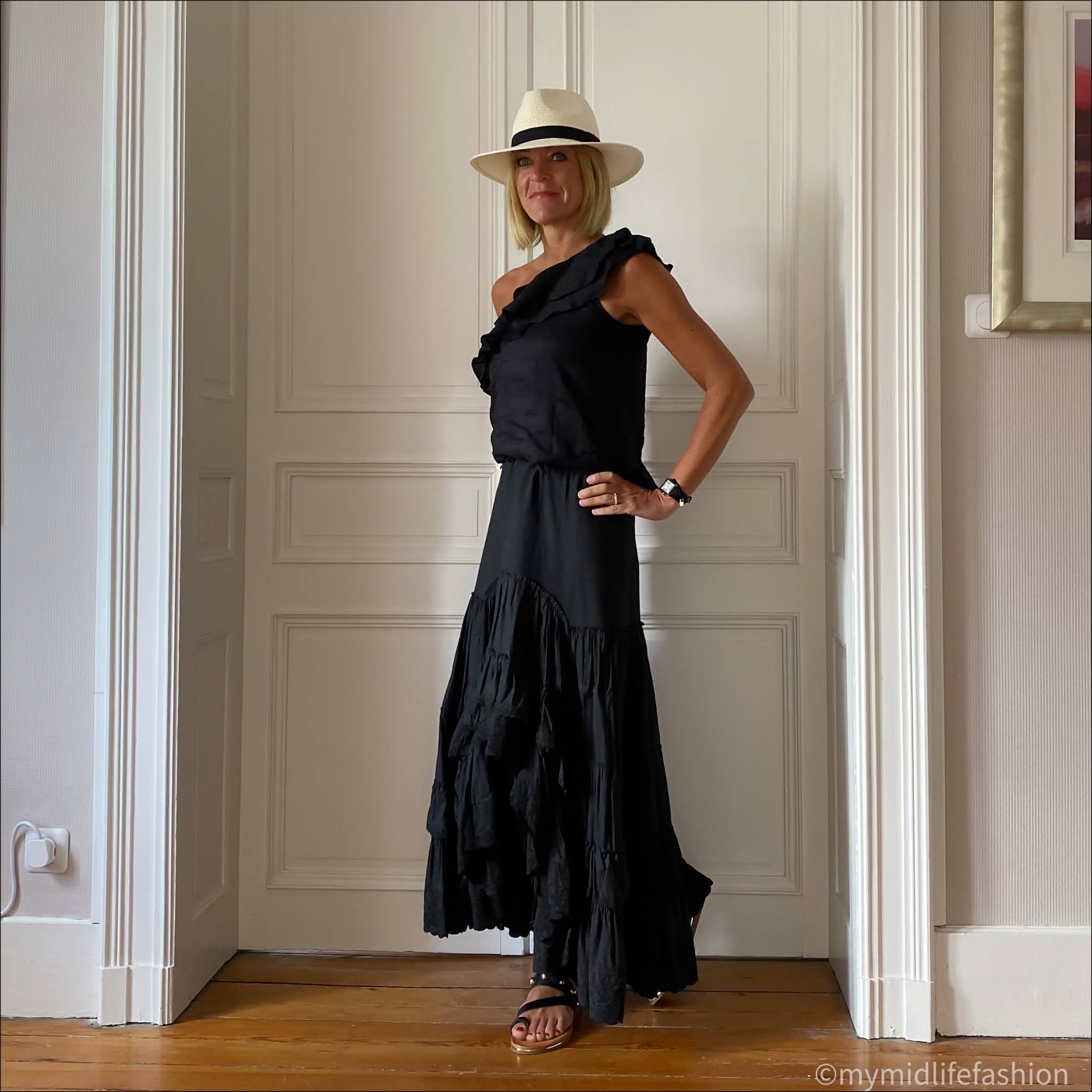 my midlife fashion, Zara Panama hat, Isabel marant etoile off the shoulder top, Isabel marant etoile tiered maxi skirt, carvela karafe sandals