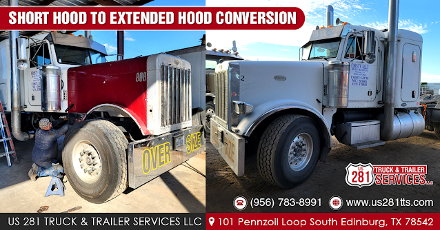 Short hood to extended hood conversion at our truck and trailer repair shop in Edinburg, South Texas.