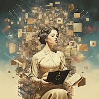 Image of an elegant woman surrounded by computers and other technology created by Sheila Webber using Midjourney AI using the title of this blog post as the prompt
