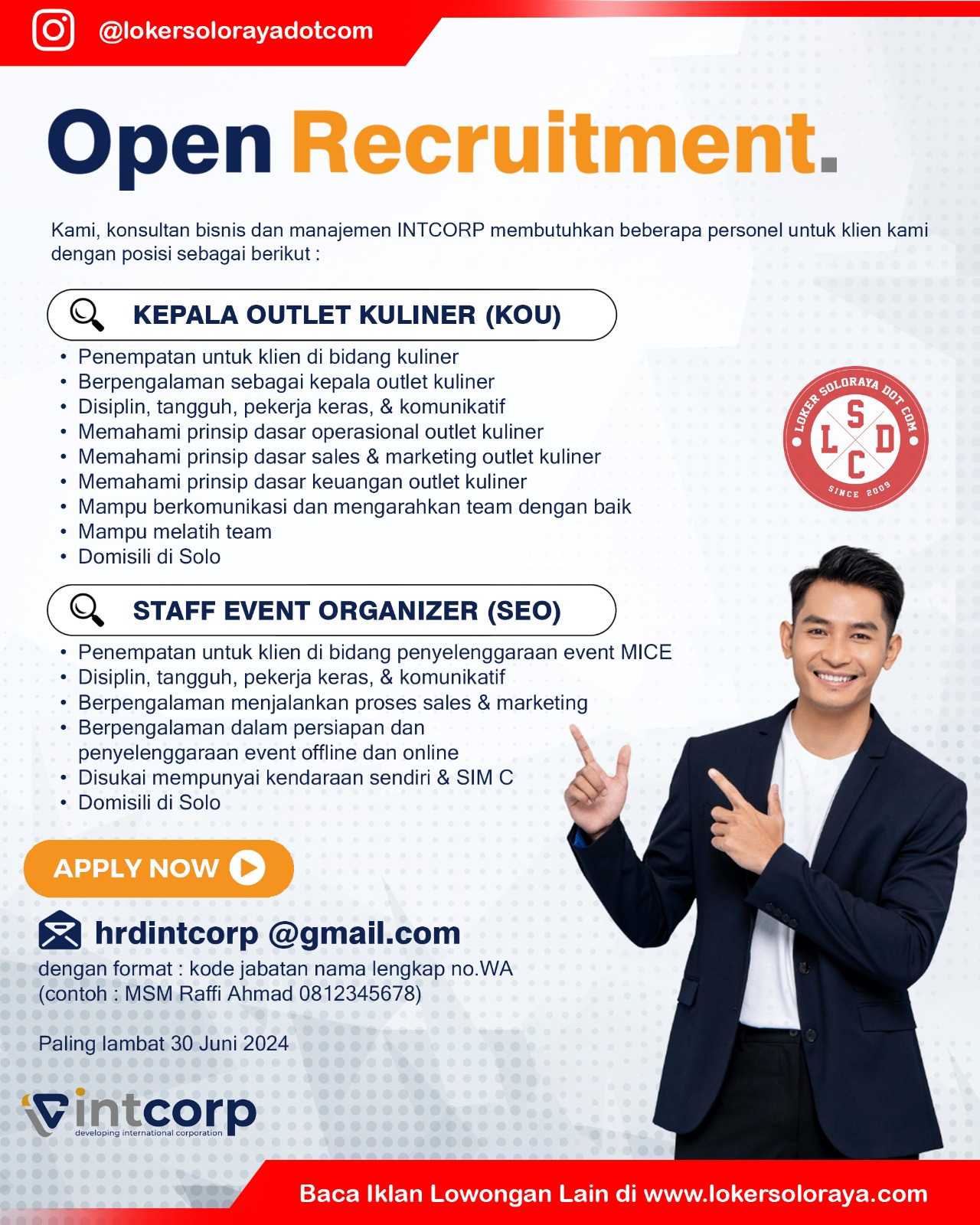 Loker INTCORP Solo Manager Sales & Marketing, Staff Human Capital, dll