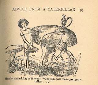 An illustration of Alice standing next to a large mushroom and a large, anthropomorphized caterpillar with a hookah.