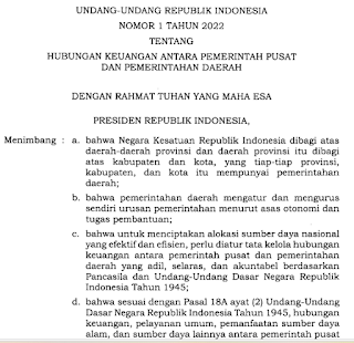 Download Undang-Undang RI no 1 Tahun 2022 tentang Hubungan Keuangan Pemerintah Pusat dan Daerah