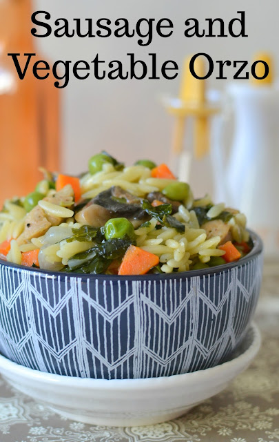 Sausage and Vegetable Orzo Recipe plus 18 Dinner for Two Ideas! An easy dinner idea for two, or side for the whole family! Packed full of veggies like kale, peas and carrots and delicious chicken sausage!