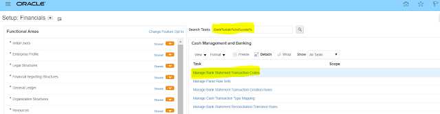 How to Create bank statement transaction codes in oracle cloud