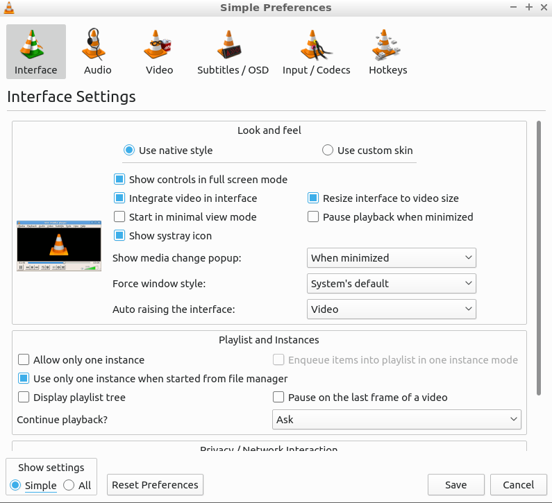 VLC media player preferences