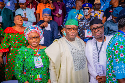Ekiti State First Lady, Erelu Bisi Fayemi; Ekiti State Governor, Dr Kayode Fayemi; and Minister of Industry, Trade and investment, Otunba Niyi Adebayo at the APC National Convention in Abuja… on Saturday.