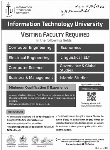 Information Technology University ITU Lahore Jobs 2021 – Apply Online