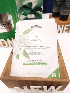 New Biodegradable Drop of Youth Concentrate sheet mask, on display.