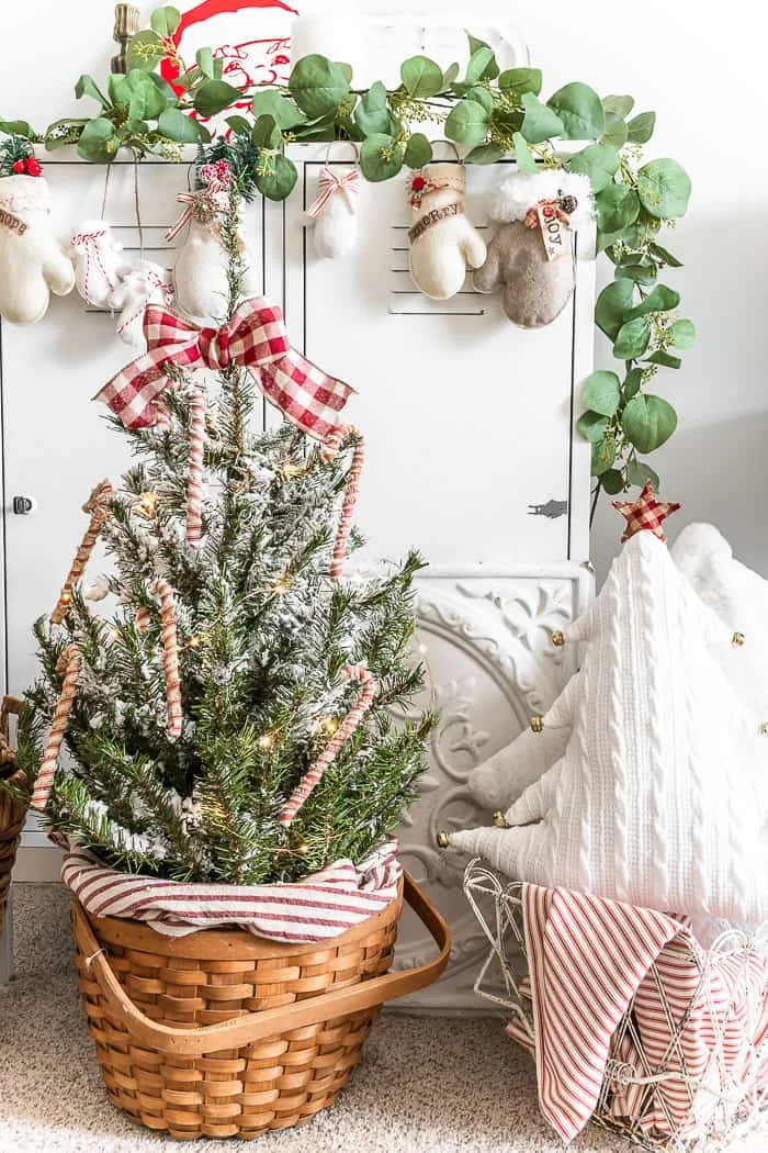 chunky tattered candy canes, mini tree in basket