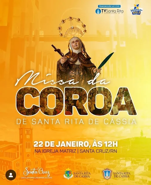 @paroquiasantaritarn Hoje (22) temos a primeira Missa da Coroa de Santa Rita de Cássia, ao meio-dia, direto da Igreja Matriz, em Santa Cruz.