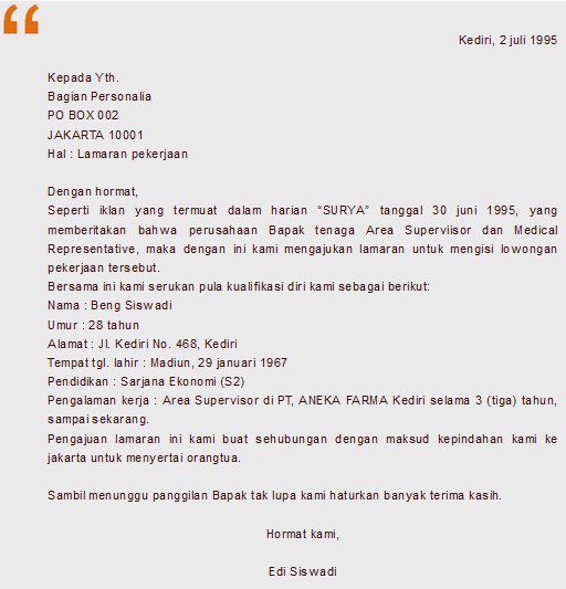 Contoh Surat Lamaran Kerja Berdasarkan Iklan 2018 