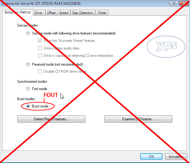 Paranoid mode, Fast mode en Burst mode zijn geen goede instellingen voor "secure" kopie.