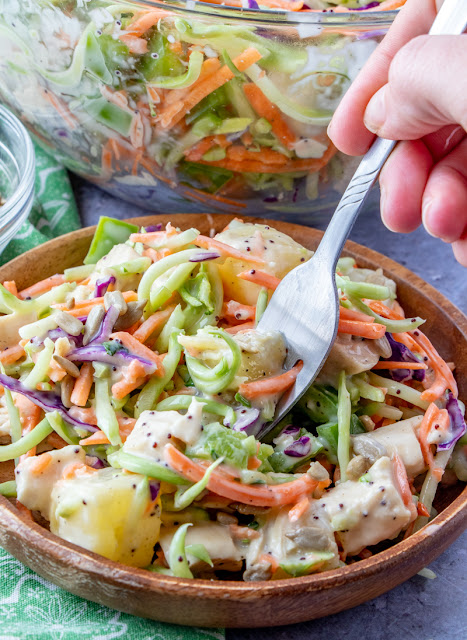 Crunchy Poppyseed Chicken Salad Recipe from Hot Eats and Cool Reads! This easy spring and summer salad is delicious, and perfect for any picnic, barbecue or lunch! Also great with turkey or ham if you're looking for ideas to use holiday leftovers!