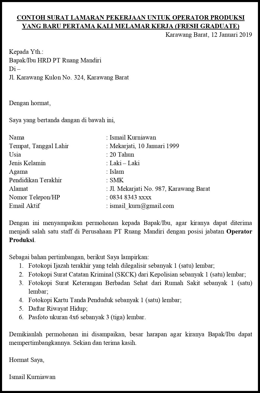 Contoh Surat Lamaran Pekerjaan Untuk Manufaktur Dan Gudang Tanpakoma