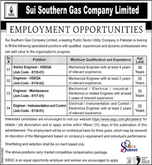 Sui Southern Gas Company Govt Jobs 2022 Advertisement