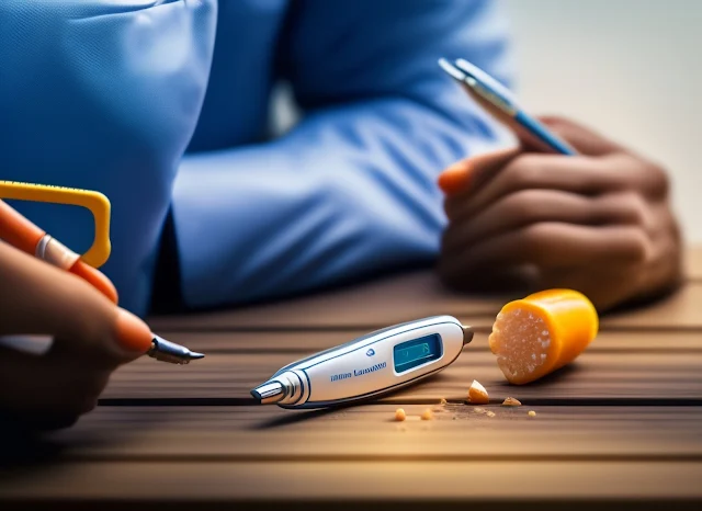 Picture of a glucose meter measuring blood sugar levels with the title