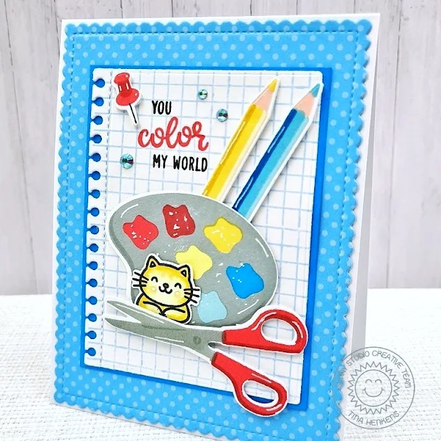 Sunny Studio Stamps: A Cut Above Card by Tina Henkens (featuring Color My World, Notebook Dies, Frilly Frame Dies, Birthday Cat)