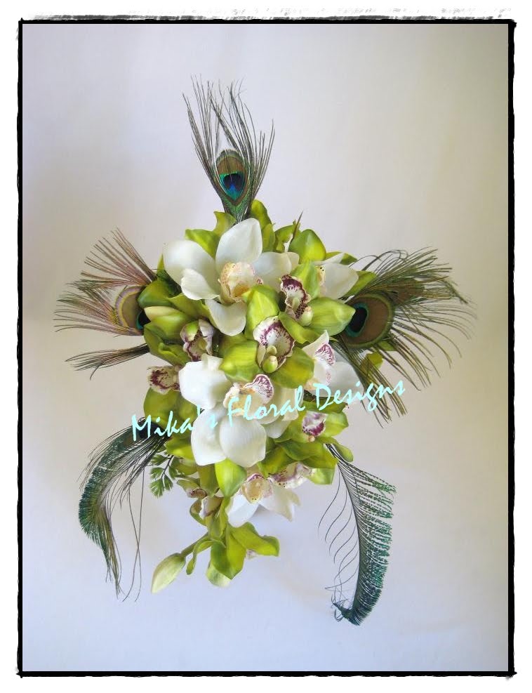 Latex Green Orchid and Peacock Feather Arrangements