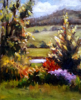 Oil painting of a garden dominated by sun shining through new oak leaves.  A wooded hill is in the distance.