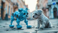 A robot dog and a small dog are standing next to each other. The robot dog has a camera and other sensors on it that are used to collect data about dogs barking.