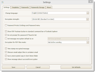 PDF Postman settings tab in Outlook 2013.