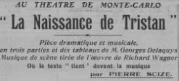 Naissance Tristan, pièce Georges Delaquys. Musique scène tirée l'oeuvre Wagner.