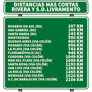 Rosario do sul 107km, Sao Gabriel 169 km, Santa María 243 km, Montevideo 550 km, Buenos Aires 660 km, Rosario 656 km, La Plata 743 km, Florianópolis, 945 km, Cordoba 1049 km, Mar del Plata 1099 km, Santa Rosa 1193 km, San Luis 1266 km, La Rioja 1455 km, Mendoza 1520 km, Bariloche 2156 km.