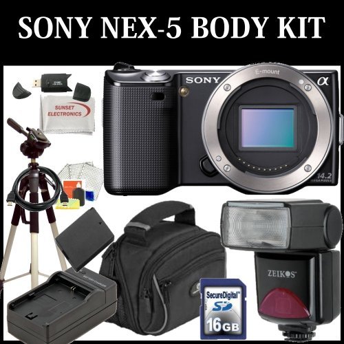 Sony Alpha Nex-5 Interchangeable Lens Digital Camera (Black) BODY ONLY KIT + 16GB SDHC Memory Card, Extra FW50 Battery Pack, Travel Charger, UV Filter, Rotating Circular Polarizer Filter, Fluid Head Tripod and much much more...