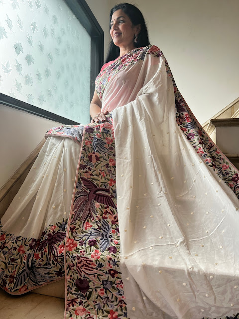Elegance Defined: White Hand-Embroidered Parsi Gara Broad Border Saree