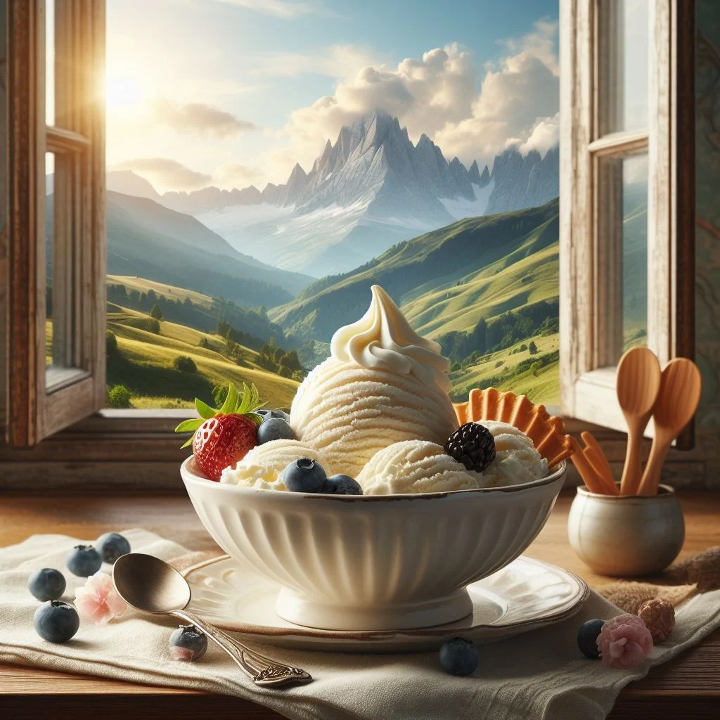 plato de helado de vainilla frente a una ventana con vista al campo
