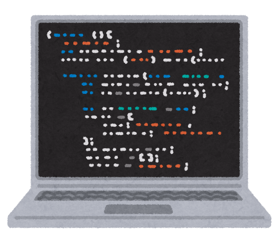 無料イラスト かわいいフリー素材集 プログラムのコードが表示されたコンピューターのイラスト