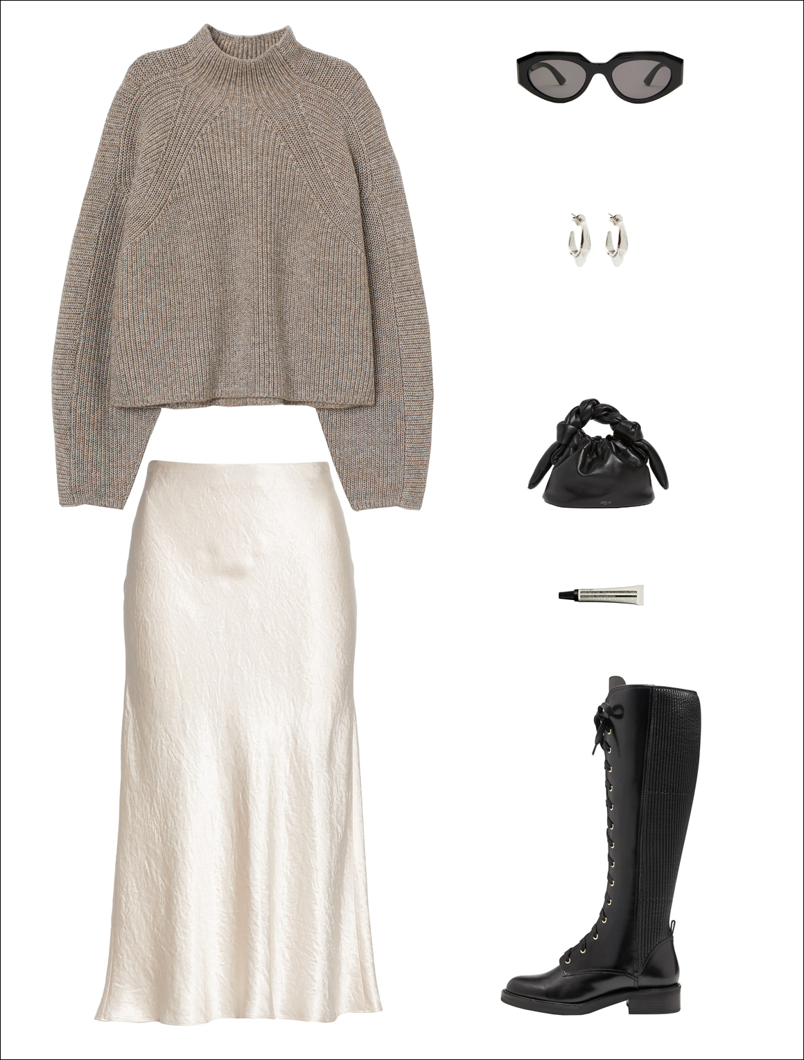 The Cool-Girl Way to Wear a Slip Skirt for Fall and Winter — Under $100 chunky sweater, white midi satin skirt, black mini bag, cat-eye sunglasses, and lace-up knee-high combat boots